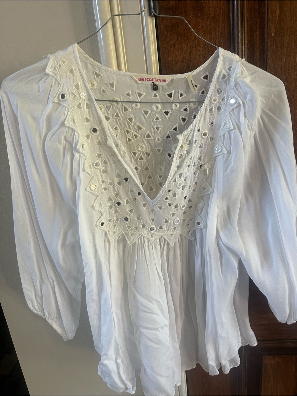 Rebecca Taylor White Embroidered Mirror-Detail V-Neck Blouse